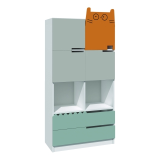 Regał do żłobka i przedszkola PU04, frezowana aplikacja Kot | Darmowa dostawa dla szkół i placówek publicznych
