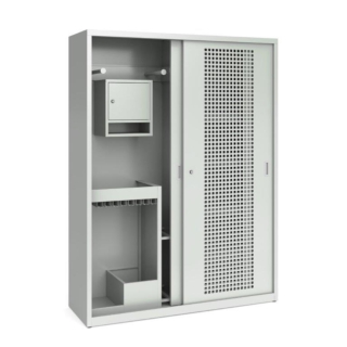 Metalowa szafa na sprzęt sportowy, perforowane drzwi przesuwne